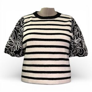 LIKE LOVE Black & Ivory Stripe Pattern Puff Sleeve Top, NEW! Size 2X